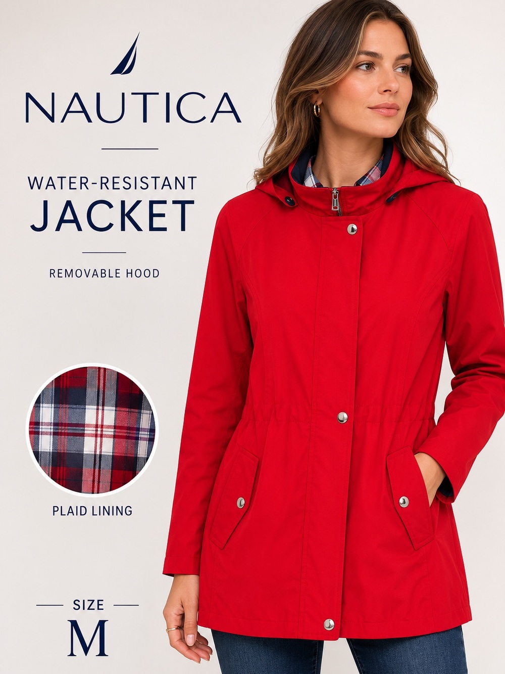 Nautica Red Hooded Water-Resistant Trench Jacket